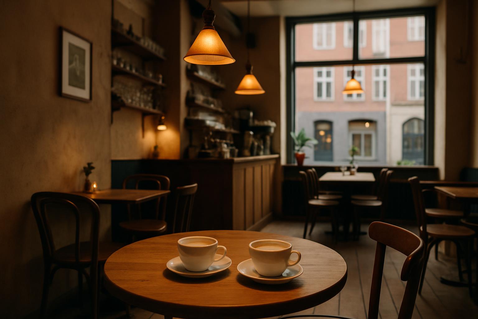 Hyggeligt kaffehus med træbord og kaffekopper
