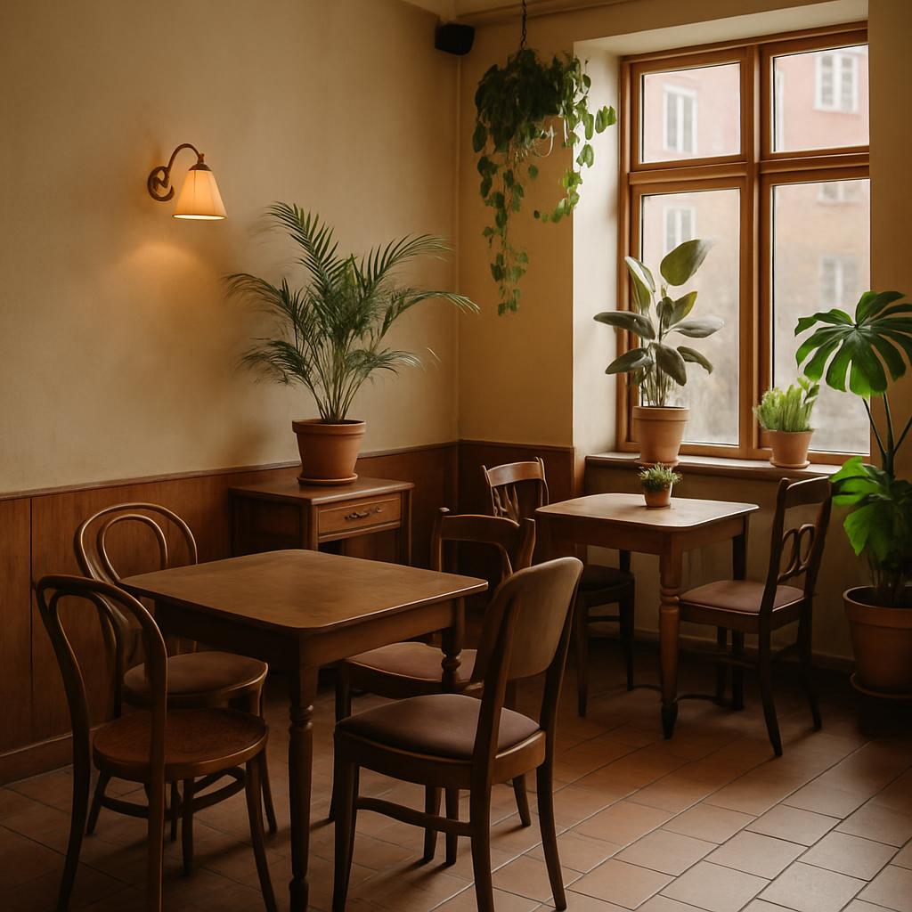 Indretning i Hjertet med planter og gamle møbler