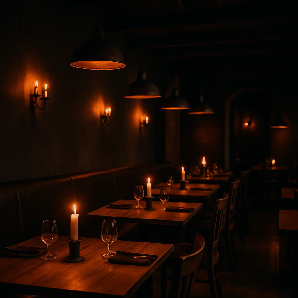 Stemningsfuldt mørkt restaurantinteriør med levende lys